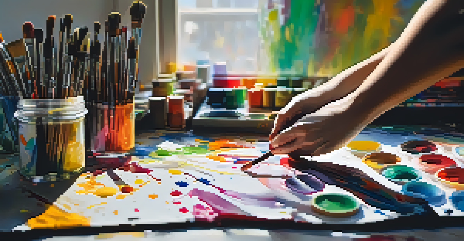 An artist's hands working on a colorful abstract painting in a studio filled with paint supplies and natural light.