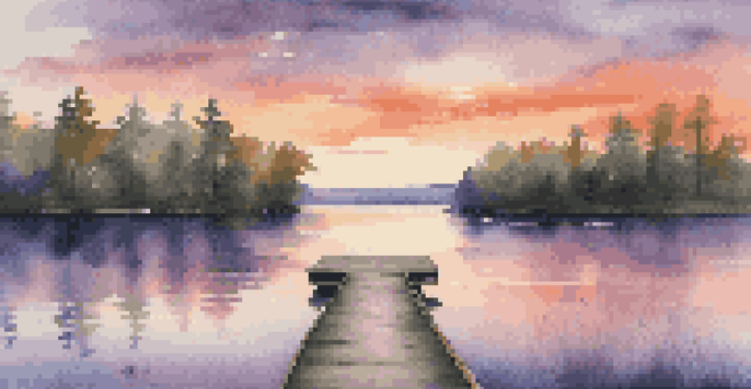 A tranquil sunset over a calm lake with colorful reflections and a wooden dock.