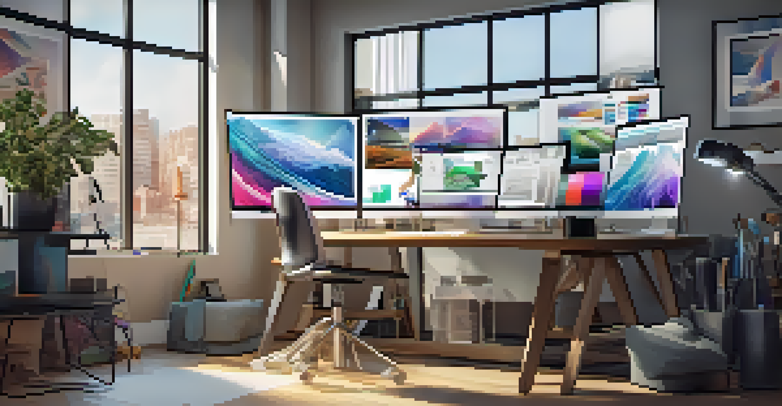 A modern digital marketing workspace with a designer creating a vibrant advertisement on a high-resolution screen, filled with advanced technology.