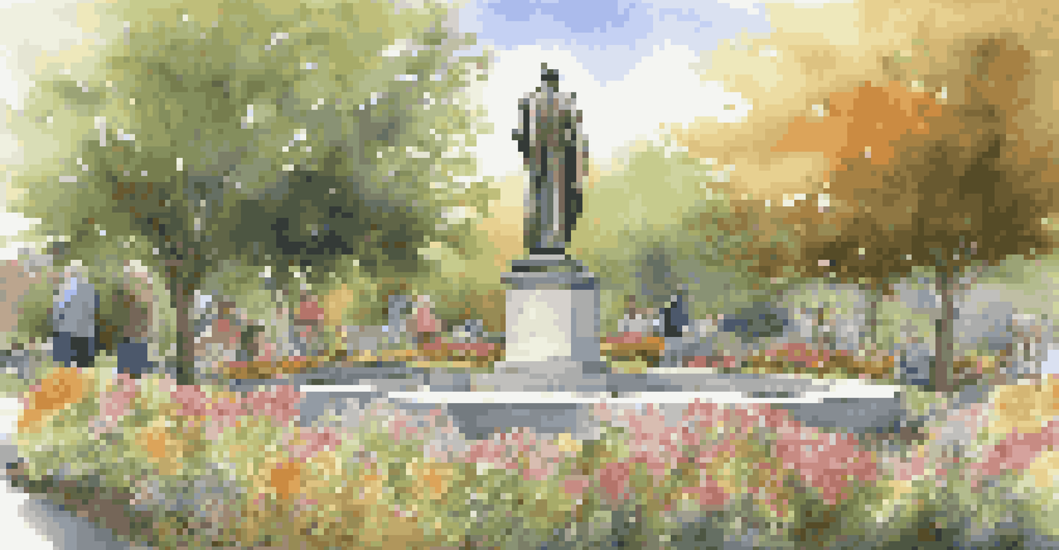 A memorial statue of a local hero in a garden, surrounded by flowers and visitors.