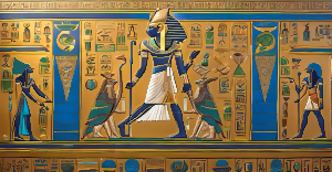 An Egyptian mural showing a pharaoh with the Nile and gold symbols, illuminated by sunlight.