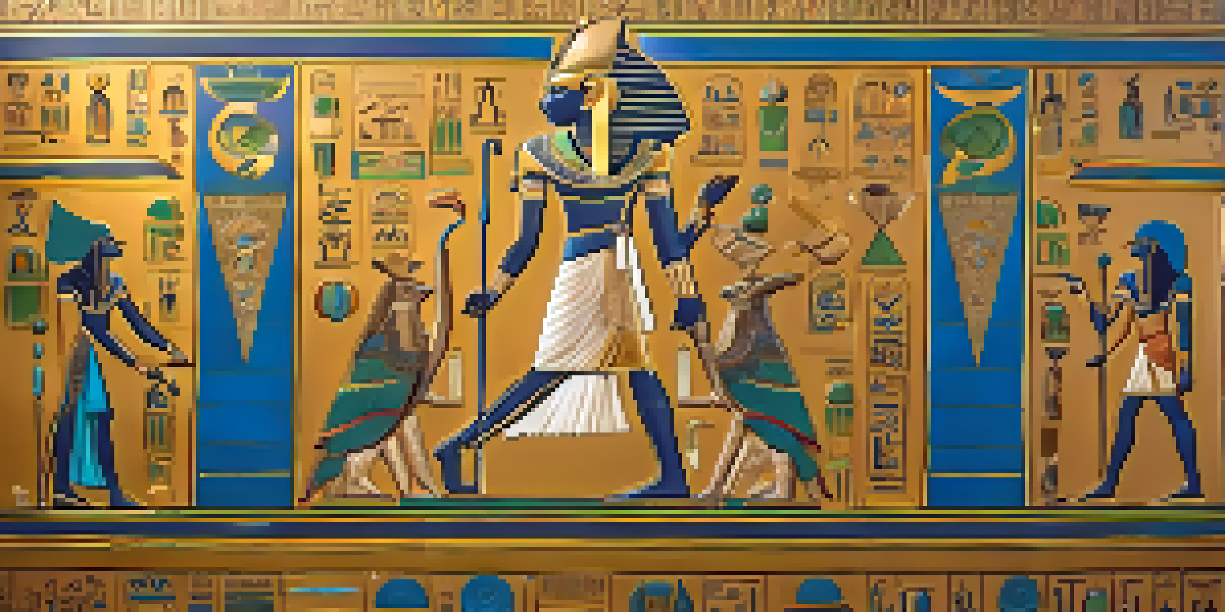 An Egyptian mural showing a pharaoh with the Nile and gold symbols, illuminated by sunlight.