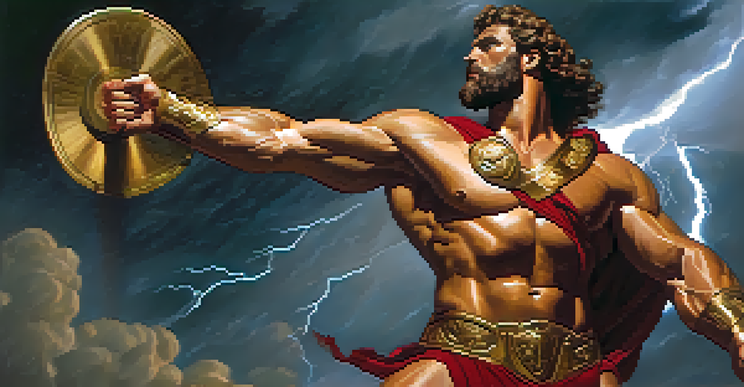A portrait of Hercules in a heroic stance, with a club and lion's skin, against a stormy sky.