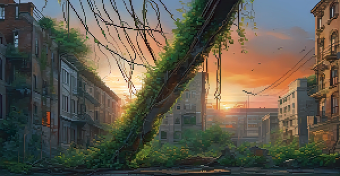 A dystopian cityscape with nature reclaiming buildings under a vibrant sunset.