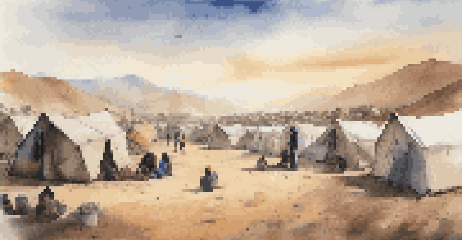A virtual reality depiction of a refugee camp with diverse individuals sharing stories, set against a mountain backdrop.