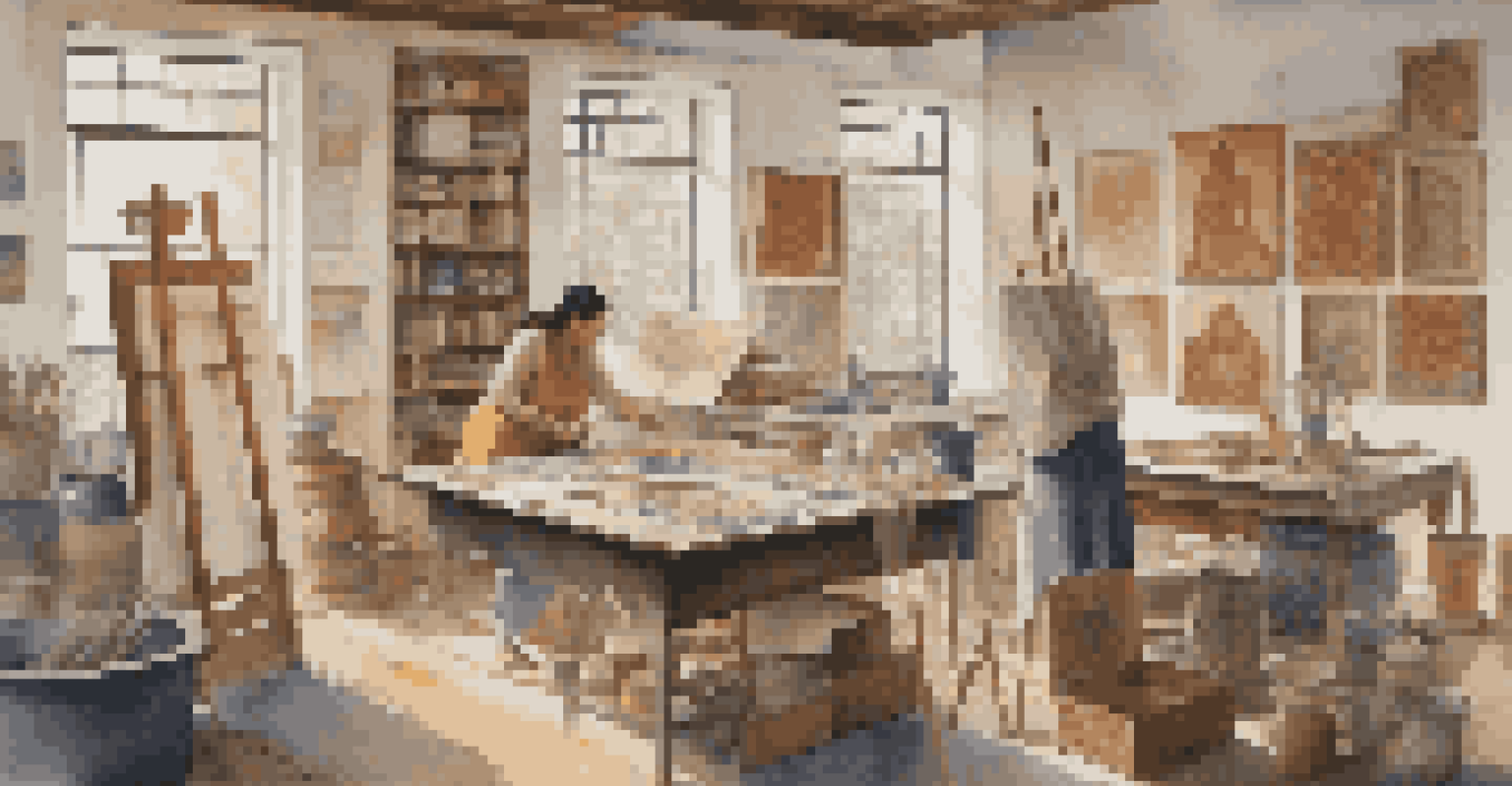 An artist in a studio painting a canvas that combines traditional cultural symbols with modern art styles, surrounded by colorful materials.