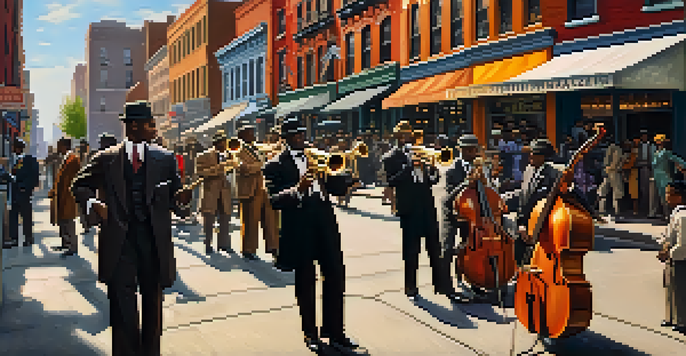 A lively jazz band performing on a street corner in Harlem, 1920s, with musicians and a crowd enjoying the scene.