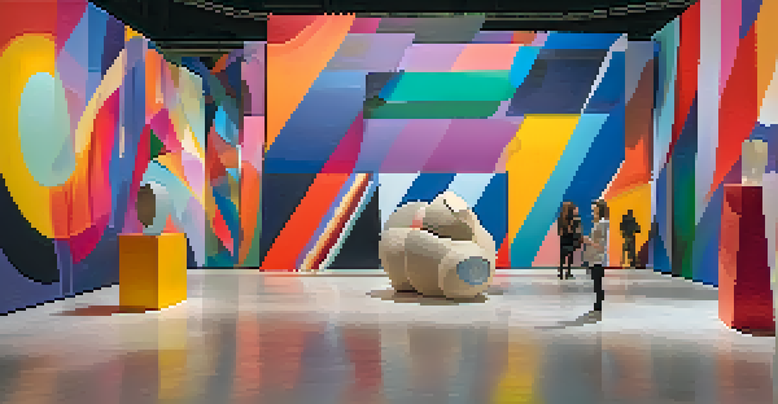 An interactive art installation with abstract sculptures and colorful lighting, where visitors engage with the art while various sounds respond to their movements.