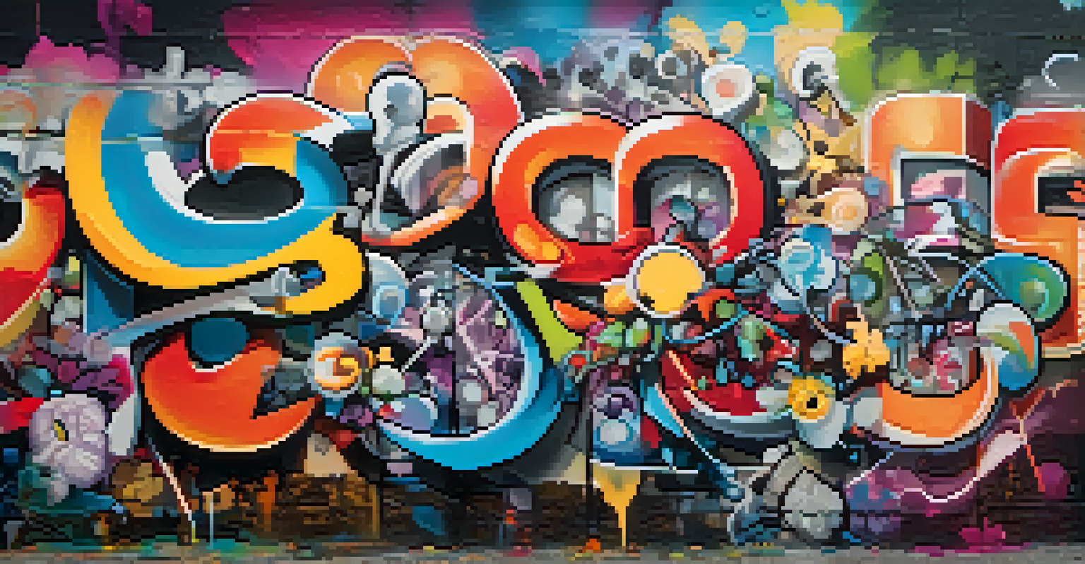 A detailed view of a graffiti wall showcasing colorful street art with various designs and textures.