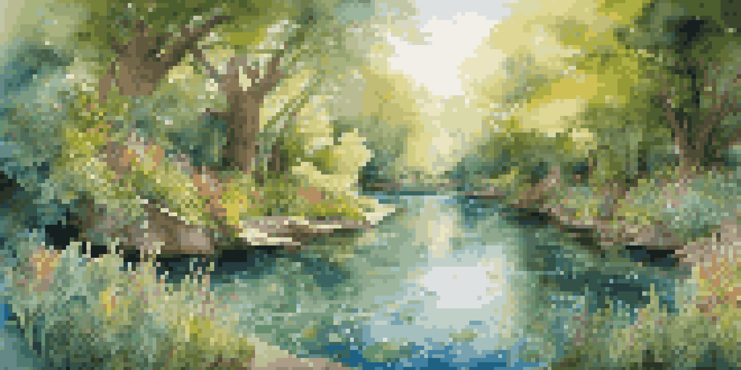 An artistic representation of a glass river surrounded by greenery and wildflowers, with sunlight creating patterns on the water.