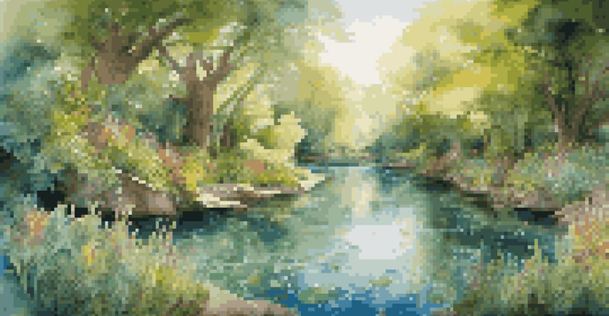 An artistic representation of a glass river surrounded by greenery and wildflowers, with sunlight creating patterns on the water.