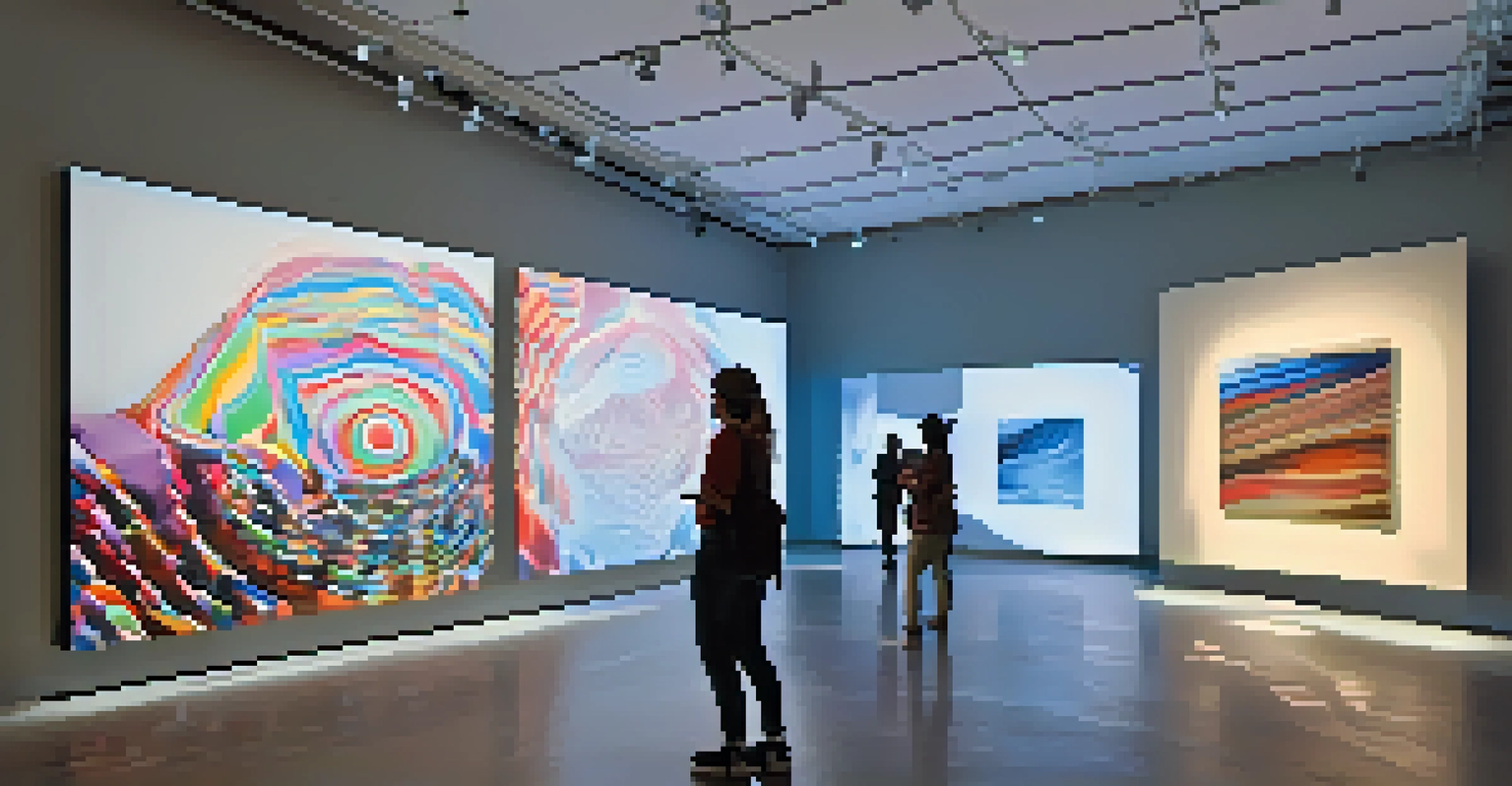 An interactive art installation in a gallery with digital screens displaying colorful, dynamic visual art inspired by global cultures.