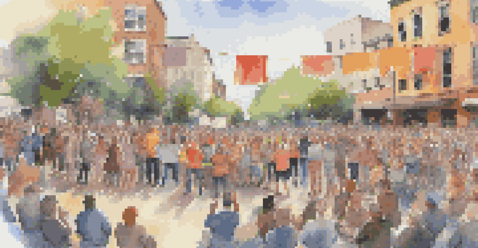 An outdoor performance art scene with artists engaging the audience in a public square, surrounded by colorful banners conveying social justice messages.