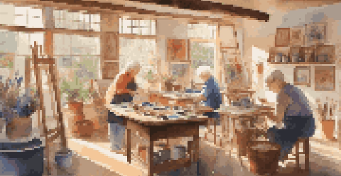 Seniors in a bright art studio, happily creating paintings and pottery with colorful artworks on the walls.