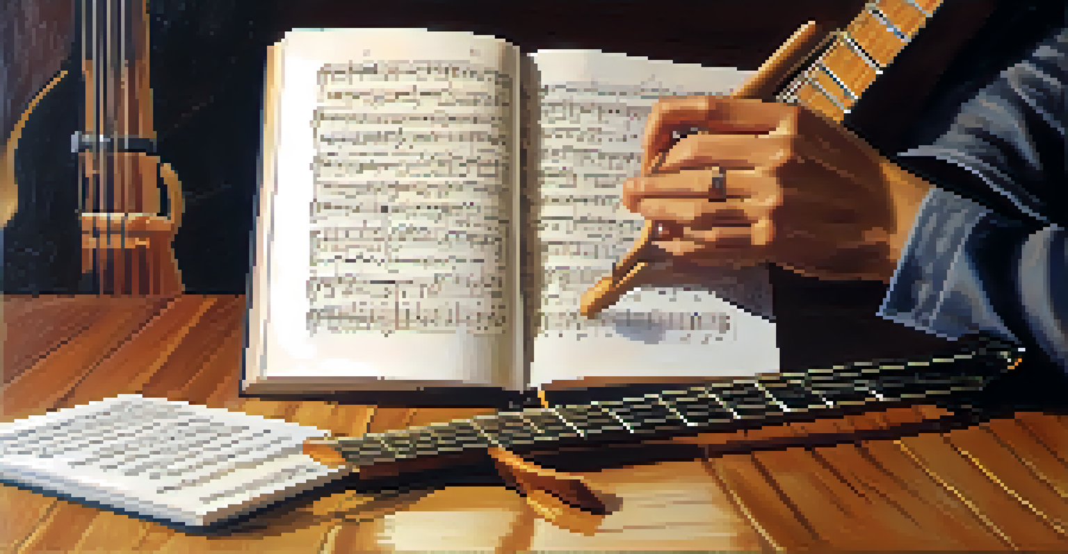 A close-up of hands playing a guitar, with a notebook of lyrics nearby, surrounded by warm light and musical notes.
