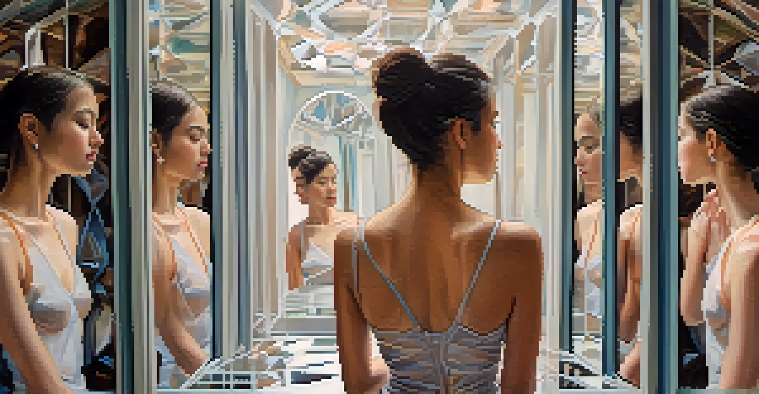 A female figure surrounded by distorted mirrors reflecting different aspects of identity in soft pastel colors.