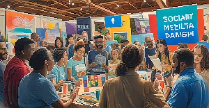 A diverse group of artists and supporters engaging in a fundraising campaign around an artwork with colorful banners and smartphones displaying social media posts.