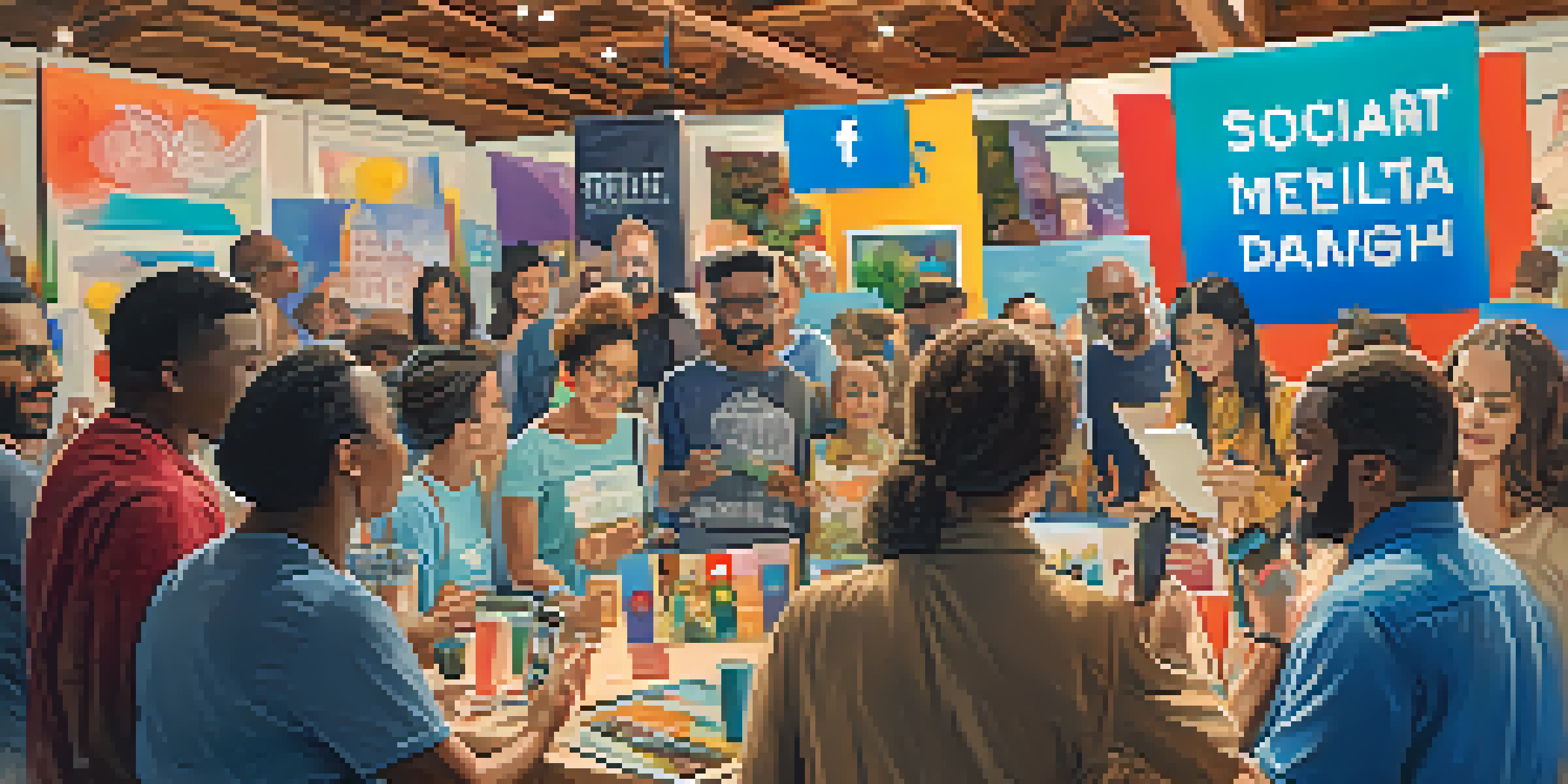 A diverse group of artists and supporters engaging in a fundraising campaign around an artwork with colorful banners and smartphones displaying social media posts.