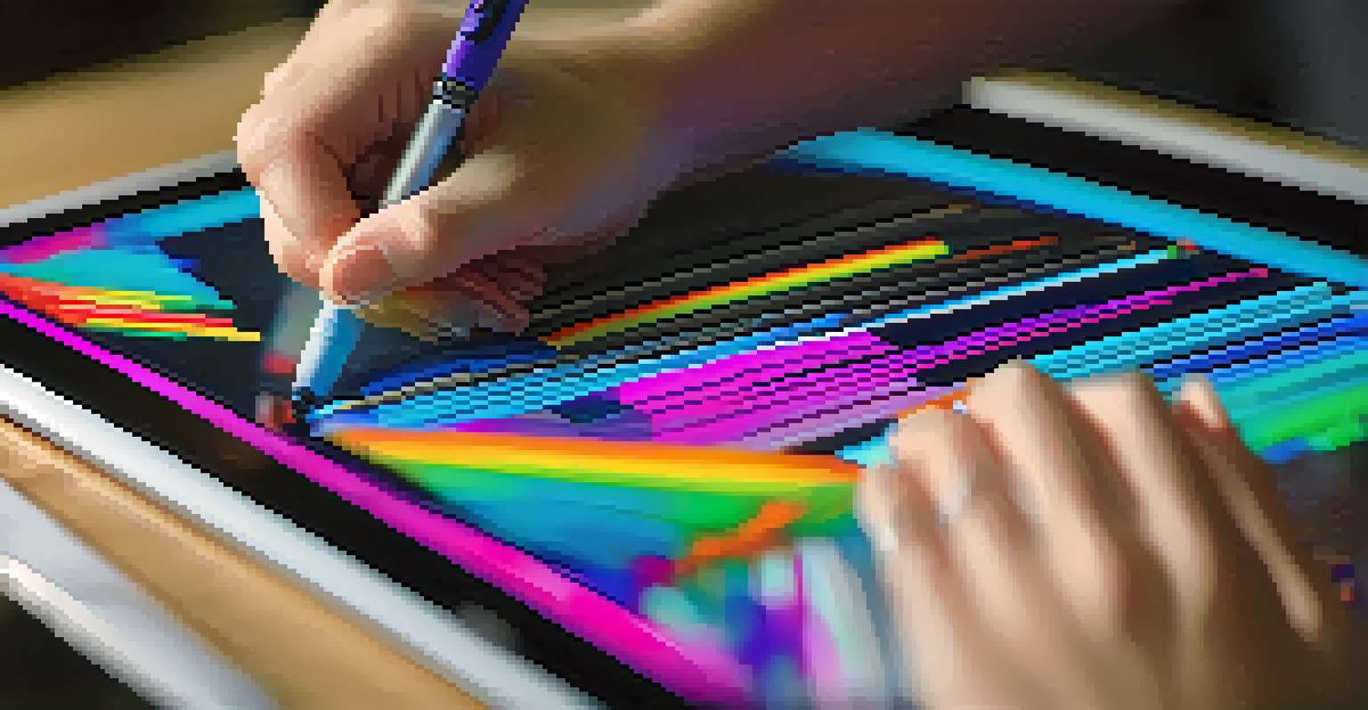 A close-up of a digital tablet with vibrant artwork being created on the screen.