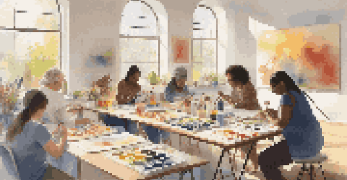 A diverse group of individuals participating in an art therapy session in a bright room with colorful artwork and natural light.