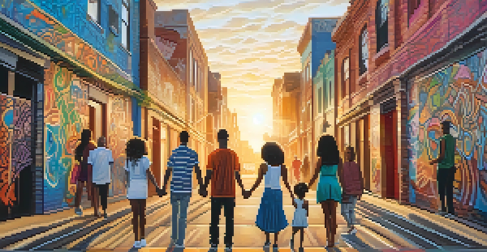 A colorful mural depicting people holding hands in an urban setting, highlighting themes of unity and community.