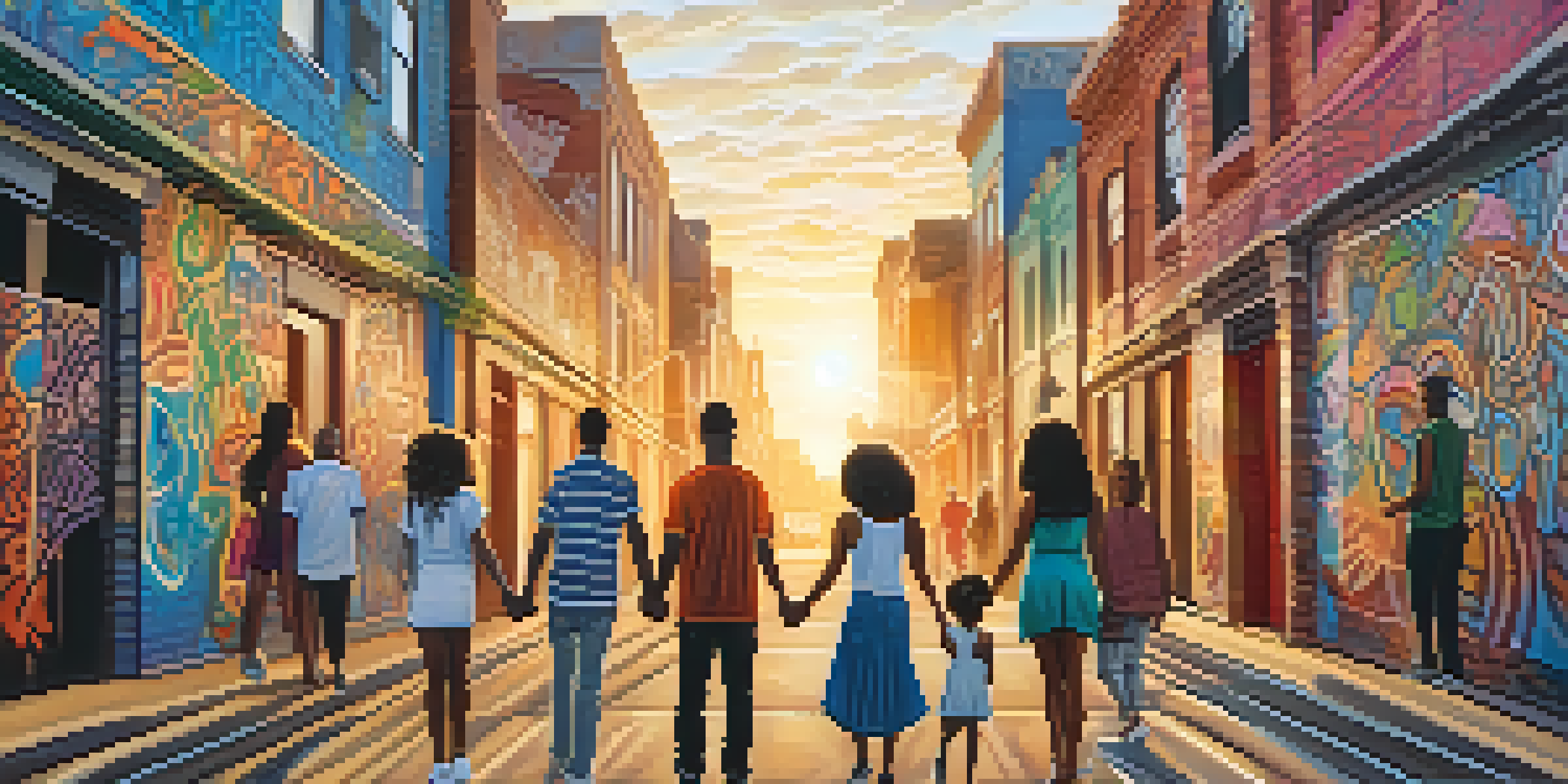 A colorful mural depicting people holding hands in an urban setting, highlighting themes of unity and community.
