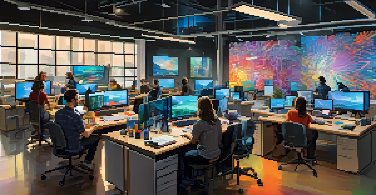 A modern workspace where artists and technologists collaborate, with computers, coding screens, and artistic sketches visible.