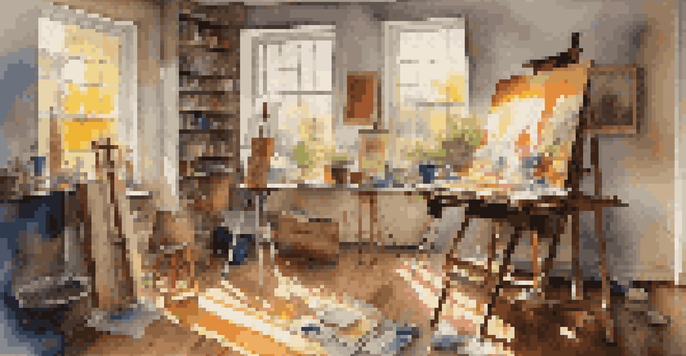 A bright artist's studio with a canvas, paint tubes, and brushes scattered around, illuminated by sunlight.