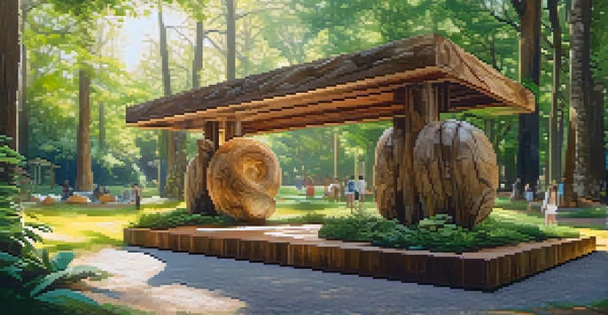 A serene eco-art installation in a green park showcasing sculptures made of reclaimed wood, leaves, and stones, with sunlight filtering through the trees.