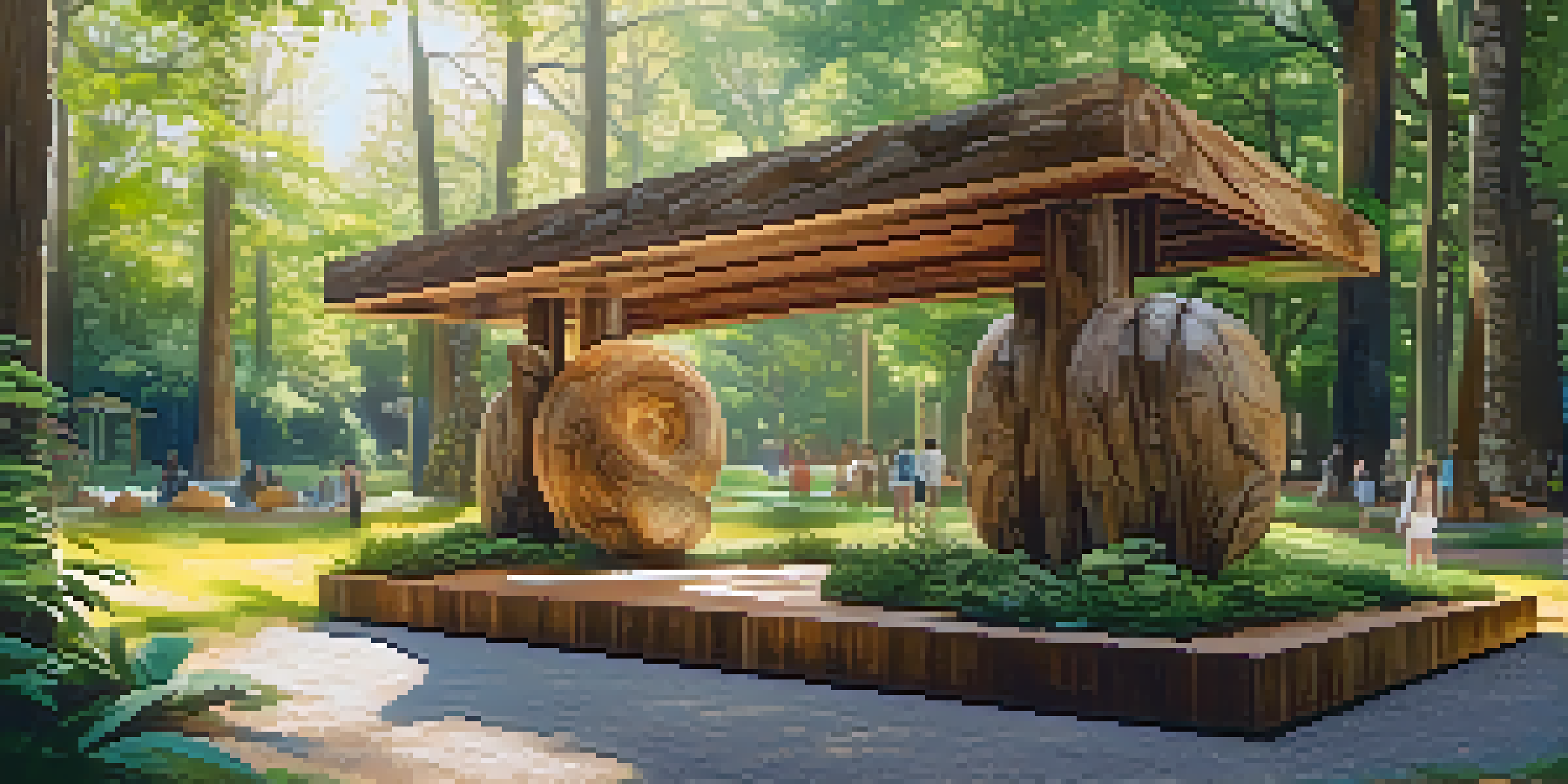 A serene eco-art installation in a green park showcasing sculptures made of reclaimed wood, leaves, and stones, with sunlight filtering through the trees.