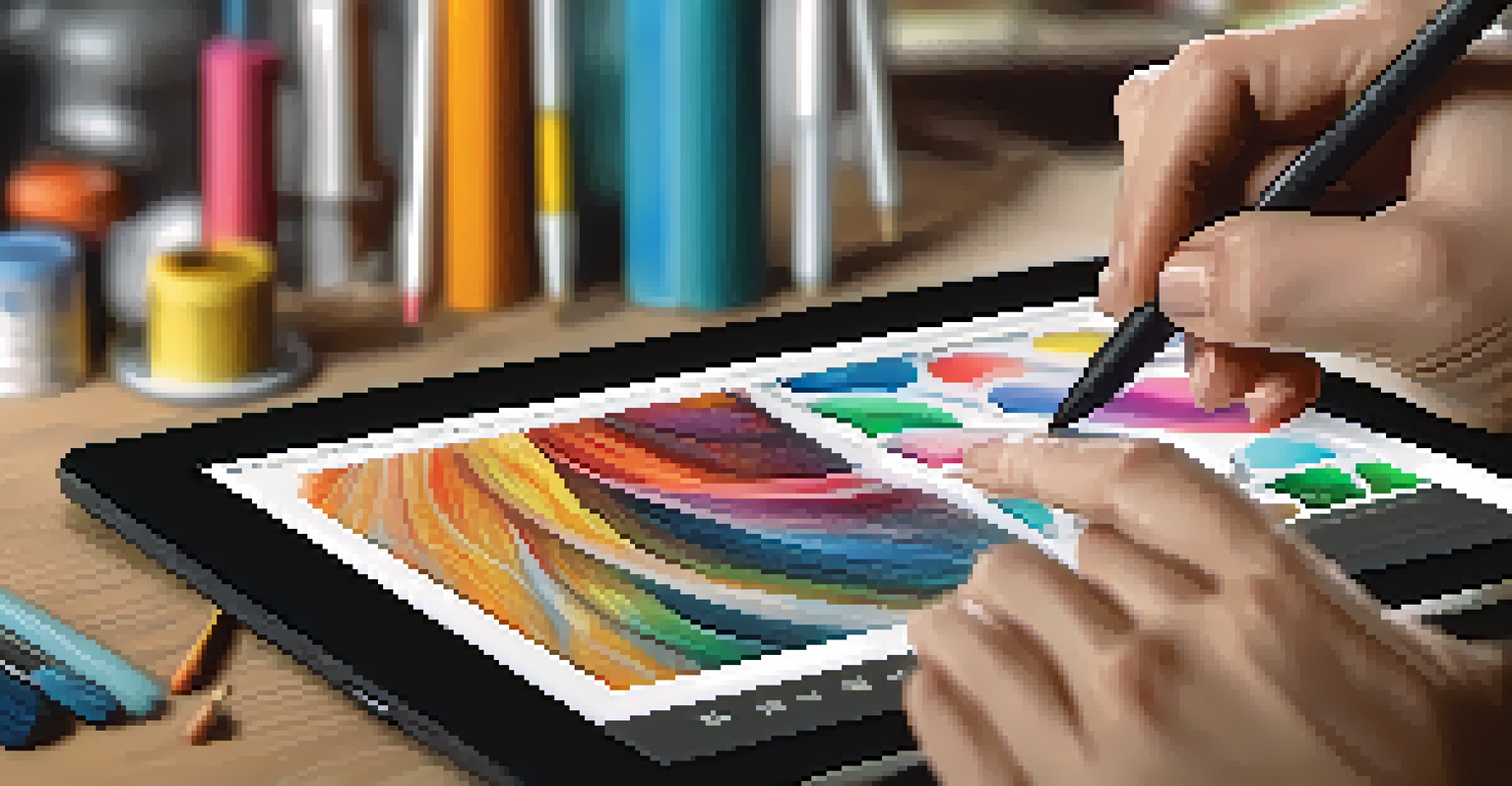 Close-up of an artist's hands using a tablet to create digital artwork, with colorful illustrations visible on the screen.