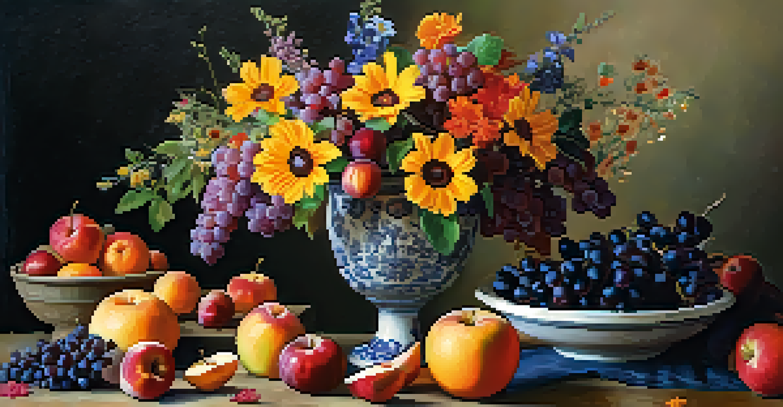 A colorful still life featuring fresh fruits and flowers on a rustic table, illuminated by soft natural light.