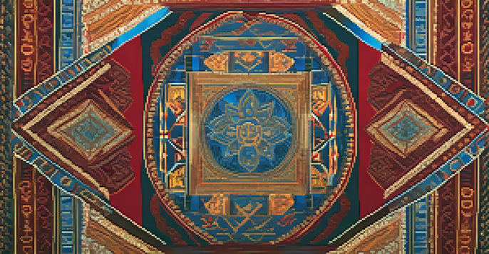 A colorful textile artwork with traditional patterns and symbols, showcasing cultural heritage in a richly textured design.