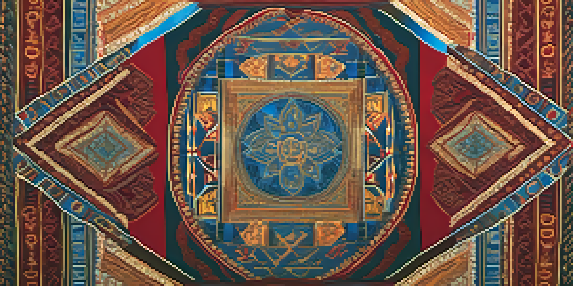 A colorful textile artwork with traditional patterns and symbols, showcasing cultural heritage in a richly textured design.