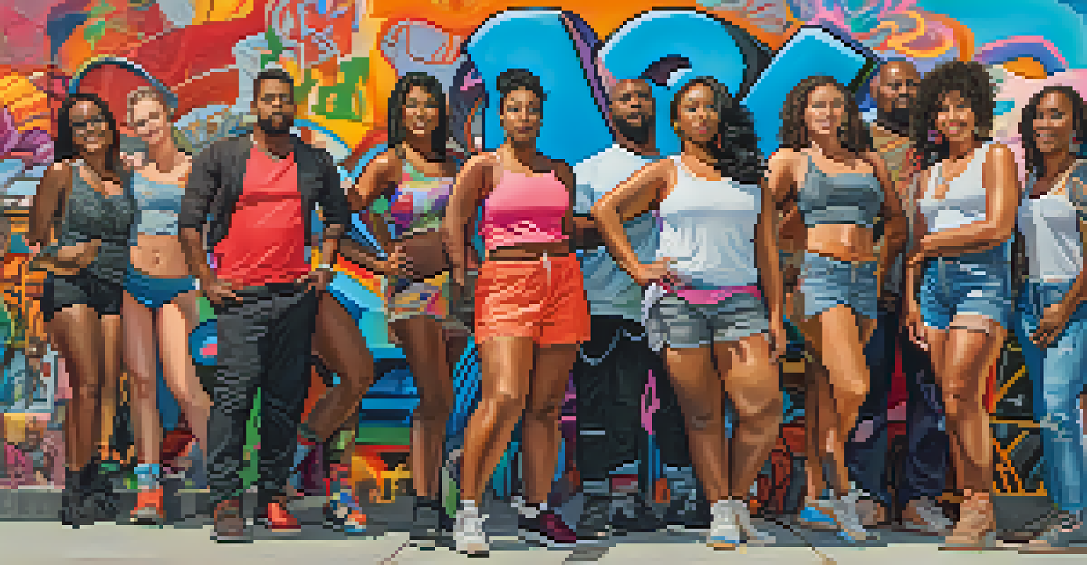 A diverse group of people celebrating body positivity in an urban environment with colorful murals in the background.