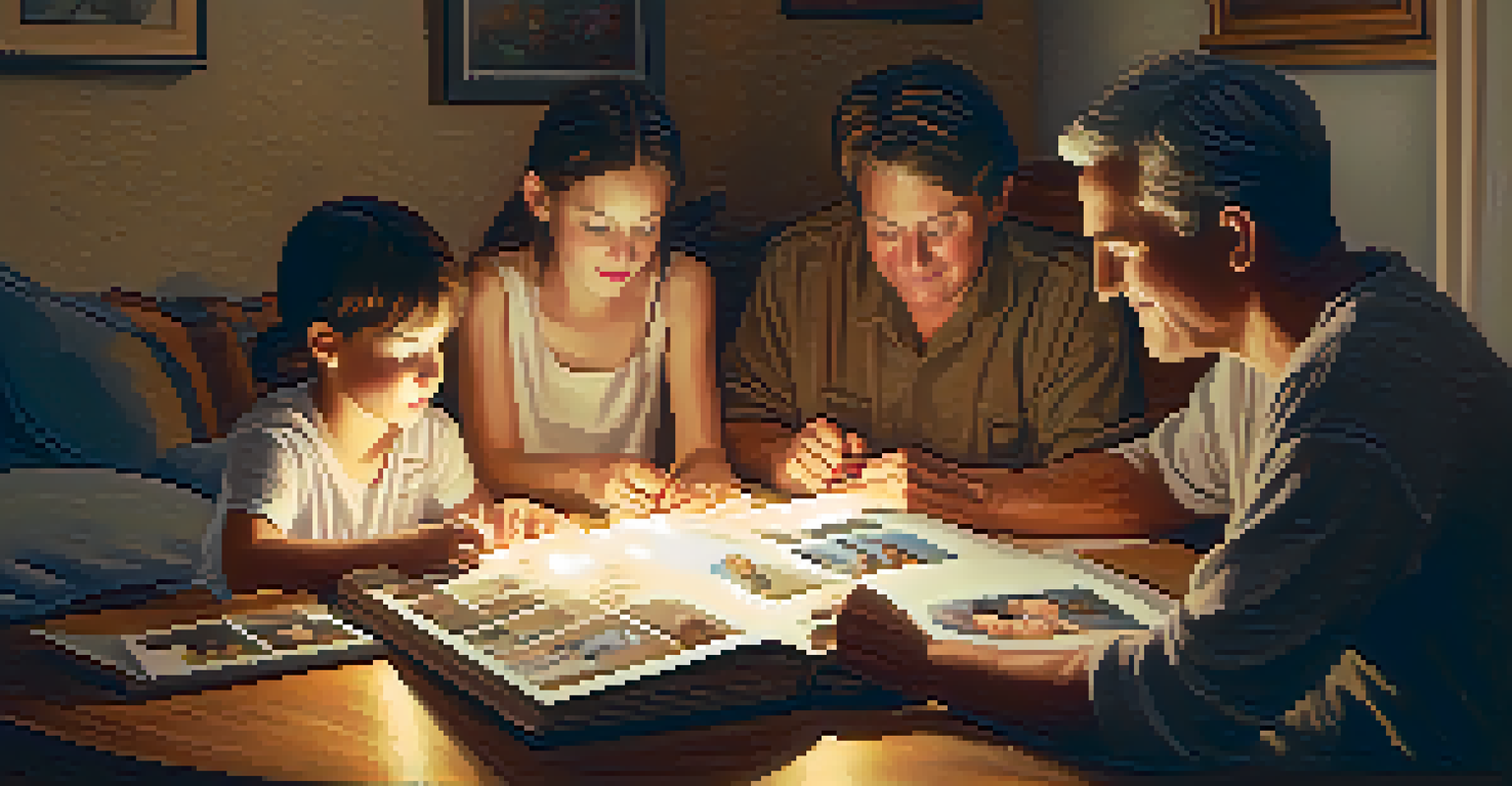 A family creating a memory box together, filled with drawings and mementos, in a warm and inviting atmosphere.
