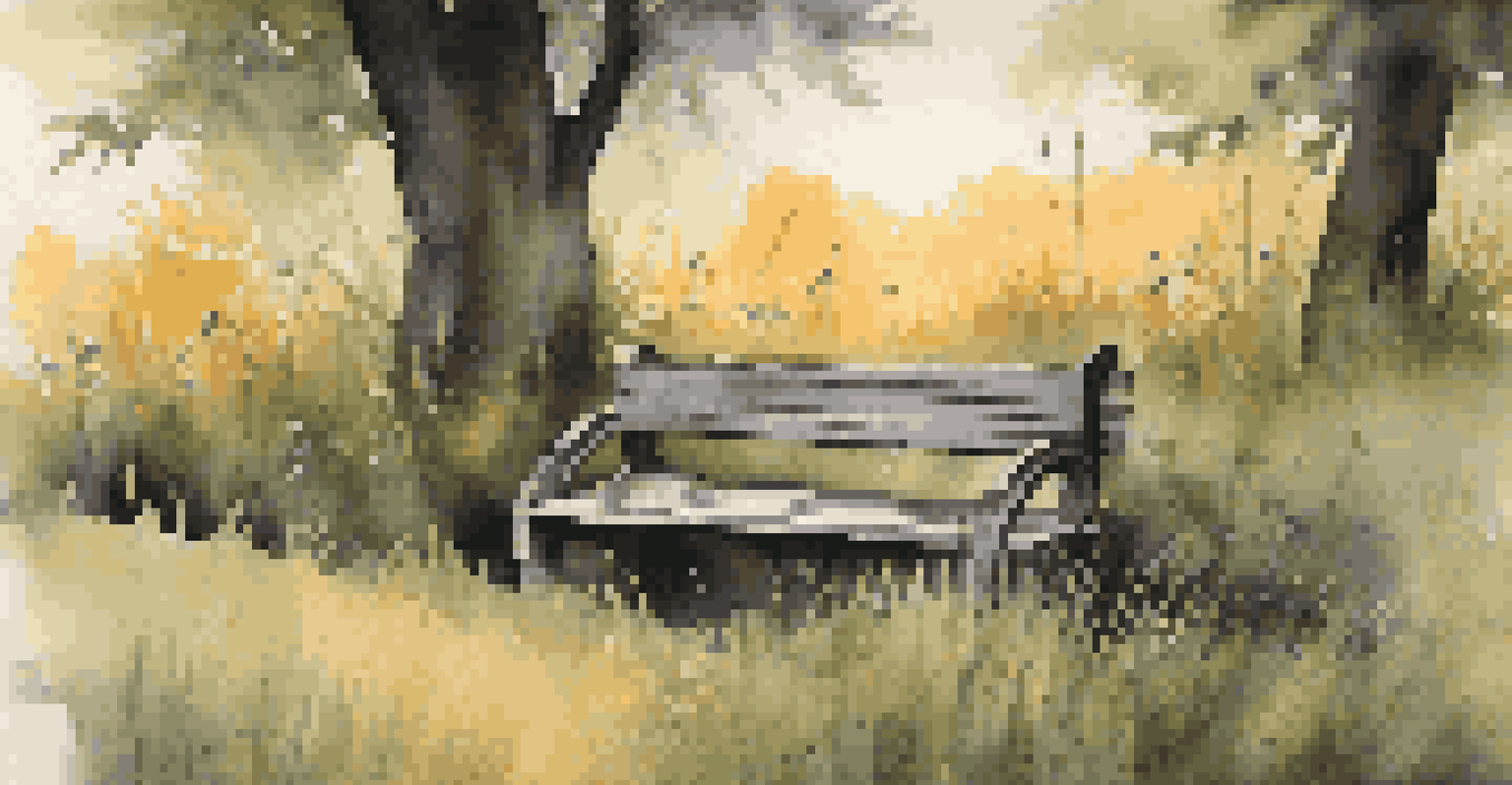 An old park bench in a suburban park with a shadowy figure sitting in the background.