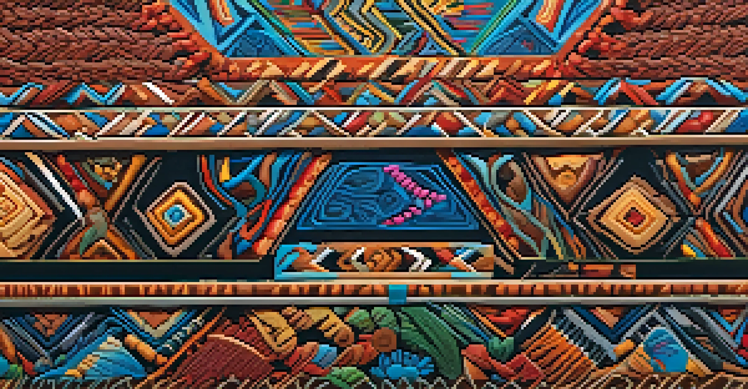 A close-up of a colorful Indigenous art piece with detailed patterns and symbols, illuminated by soft natural light.