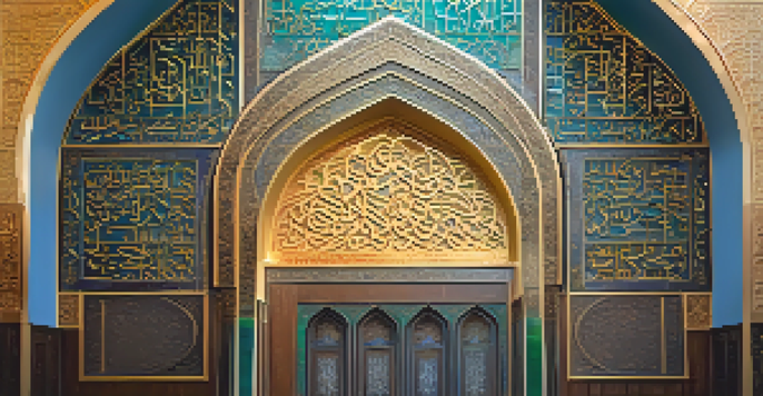 Close-up view of ornate Islamic calligraphy on a mosque wall with geometric patterns and warm light from stained glass.