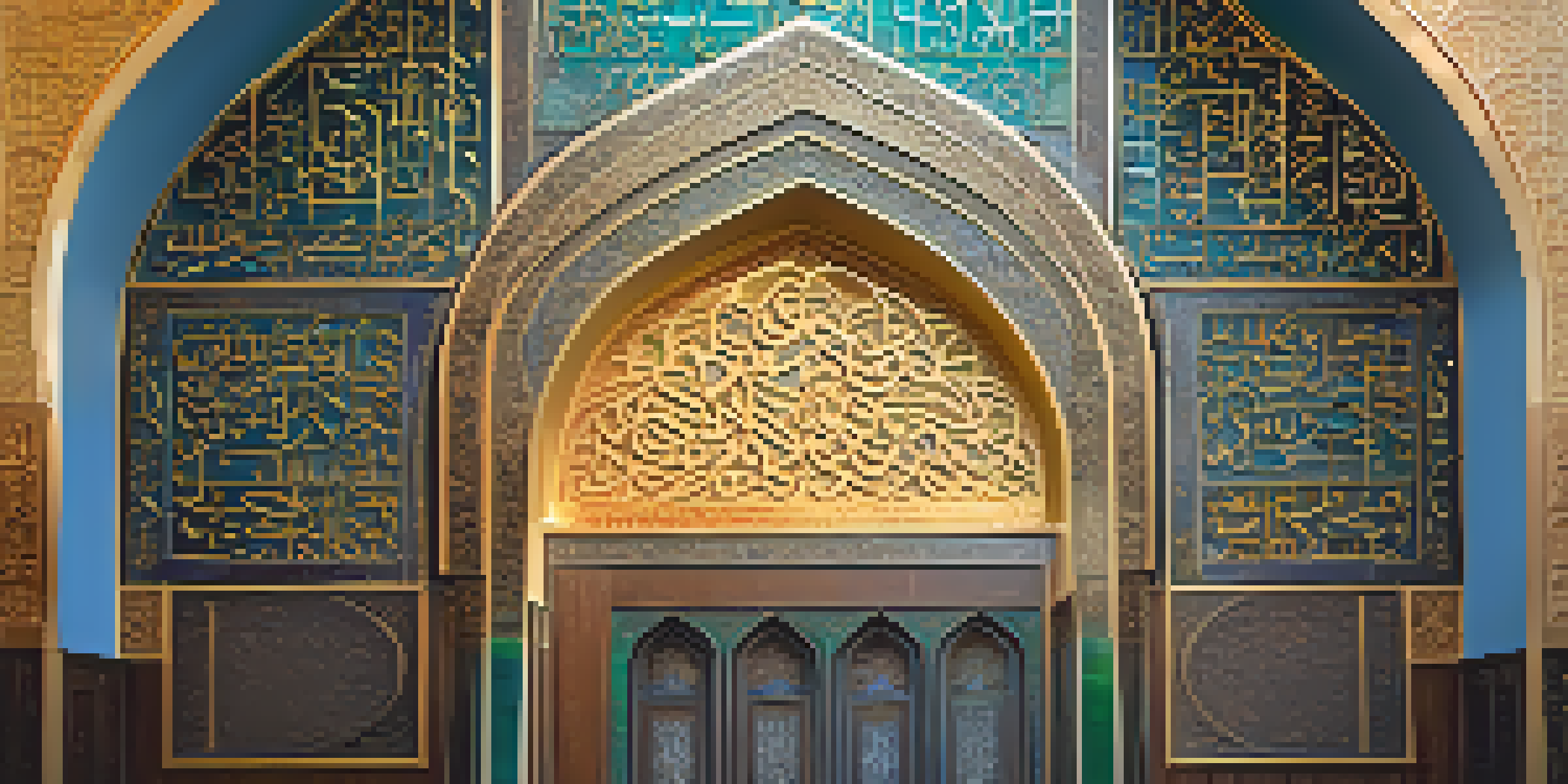 Close-up view of ornate Islamic calligraphy on a mosque wall with geometric patterns and warm light from stained glass.