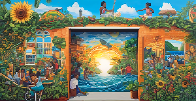 A community mural depicting individuals working together on art related to climate resilience, with bright colors and sunny lighting.