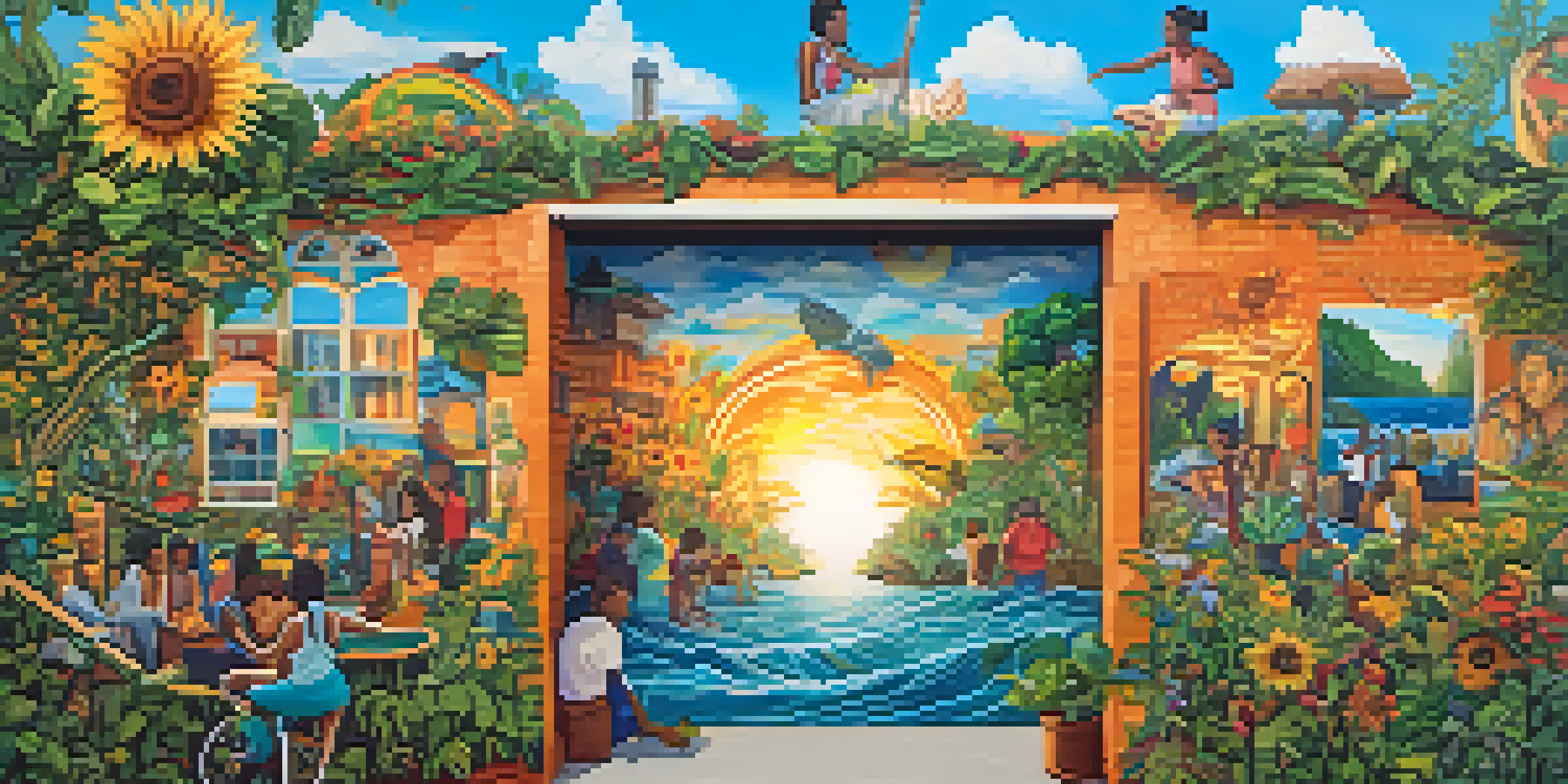 A community mural depicting individuals working together on art related to climate resilience, with bright colors and sunny lighting.