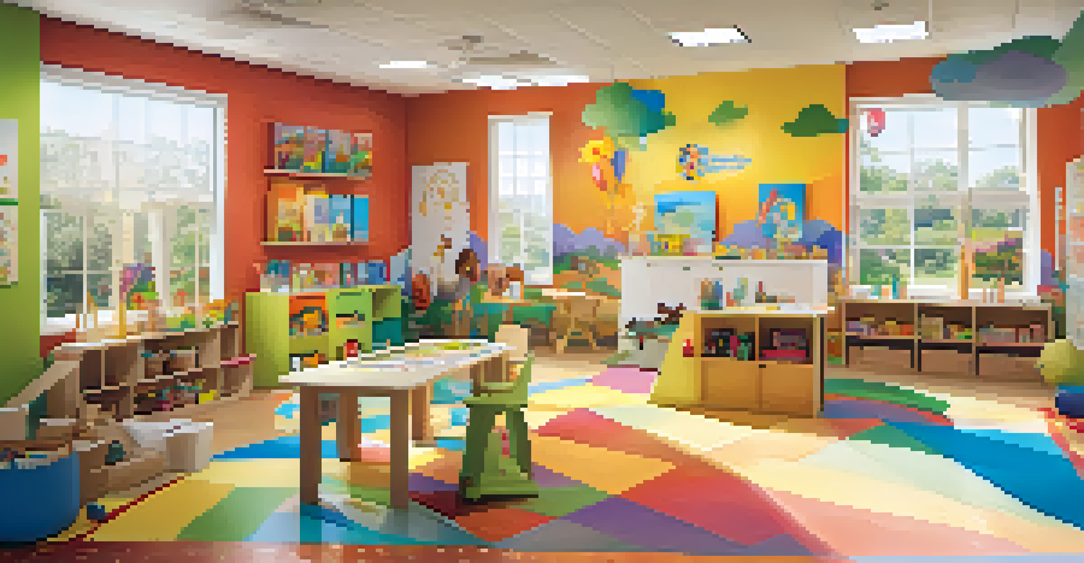 A vibrant pediatric art therapy room with children painting and colorful murals of animals, creating a joyful atmosphere.