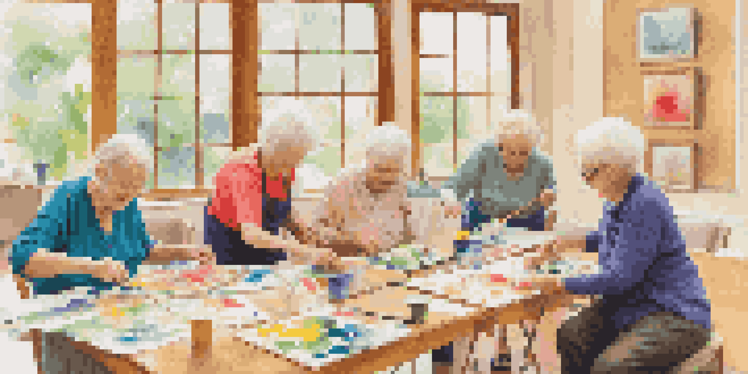 A group of elderly individuals participating in an art therapy session, painting on canvases with smiles and expressions of concentration in a bright community center.