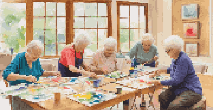 A group of elderly individuals participating in an art therapy session, painting on canvases with smiles and expressions of concentration in a bright community center.
