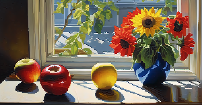 A still life arrangement showcasing a red apple, blue vase, and yellow sunflower on a wooden table, illuminated by soft natural light.