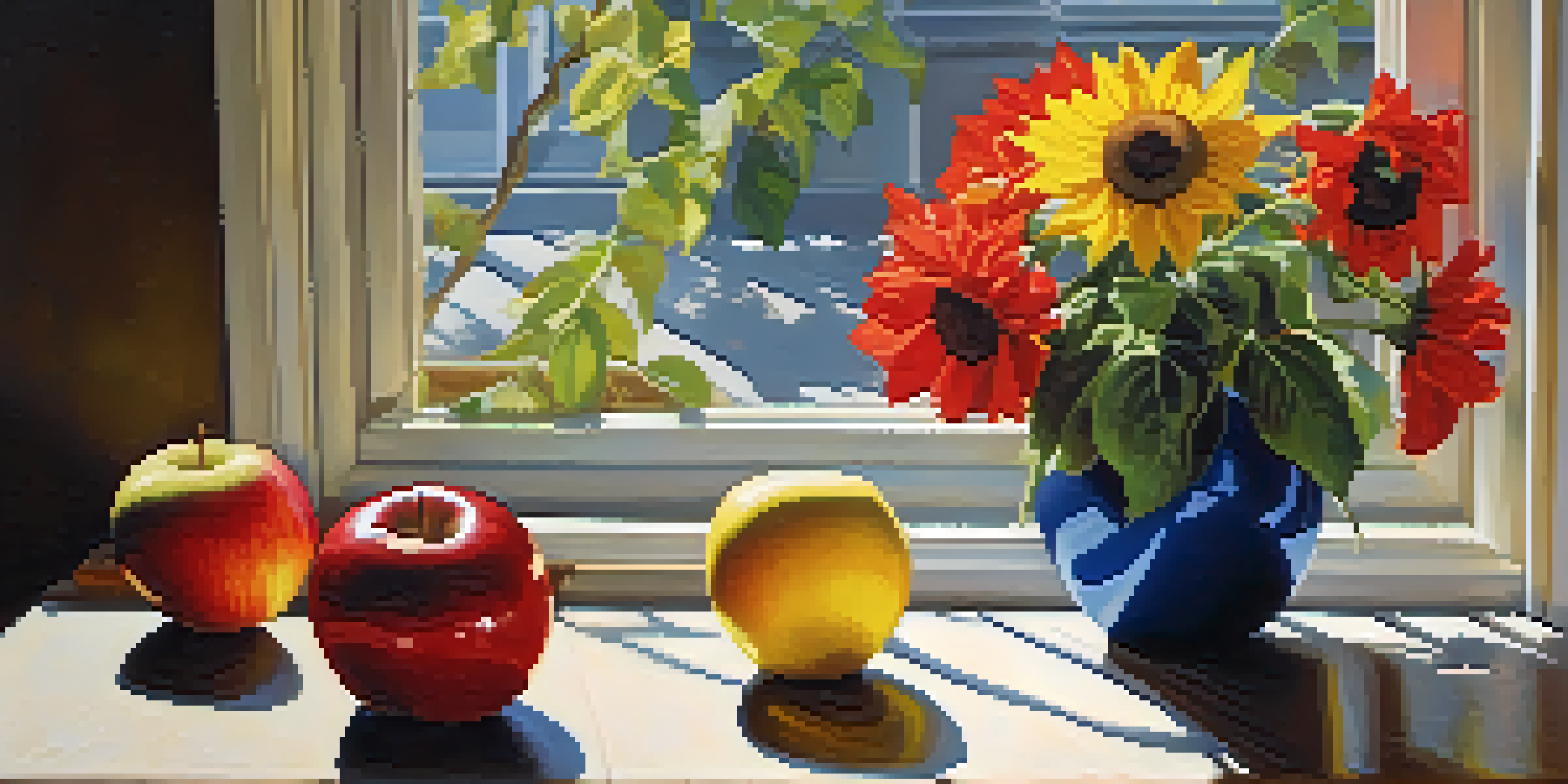 A still life arrangement showcasing a red apple, blue vase, and yellow sunflower on a wooden table, illuminated by soft natural light.