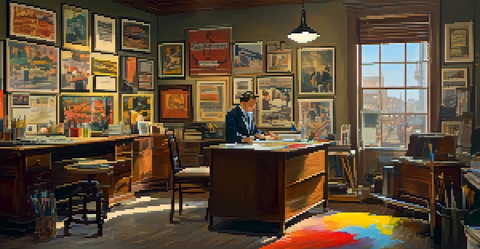 A vintage advertising agency office with an artist sketching surrounded by colorful art supplies and posters, illuminated by warm lighting.