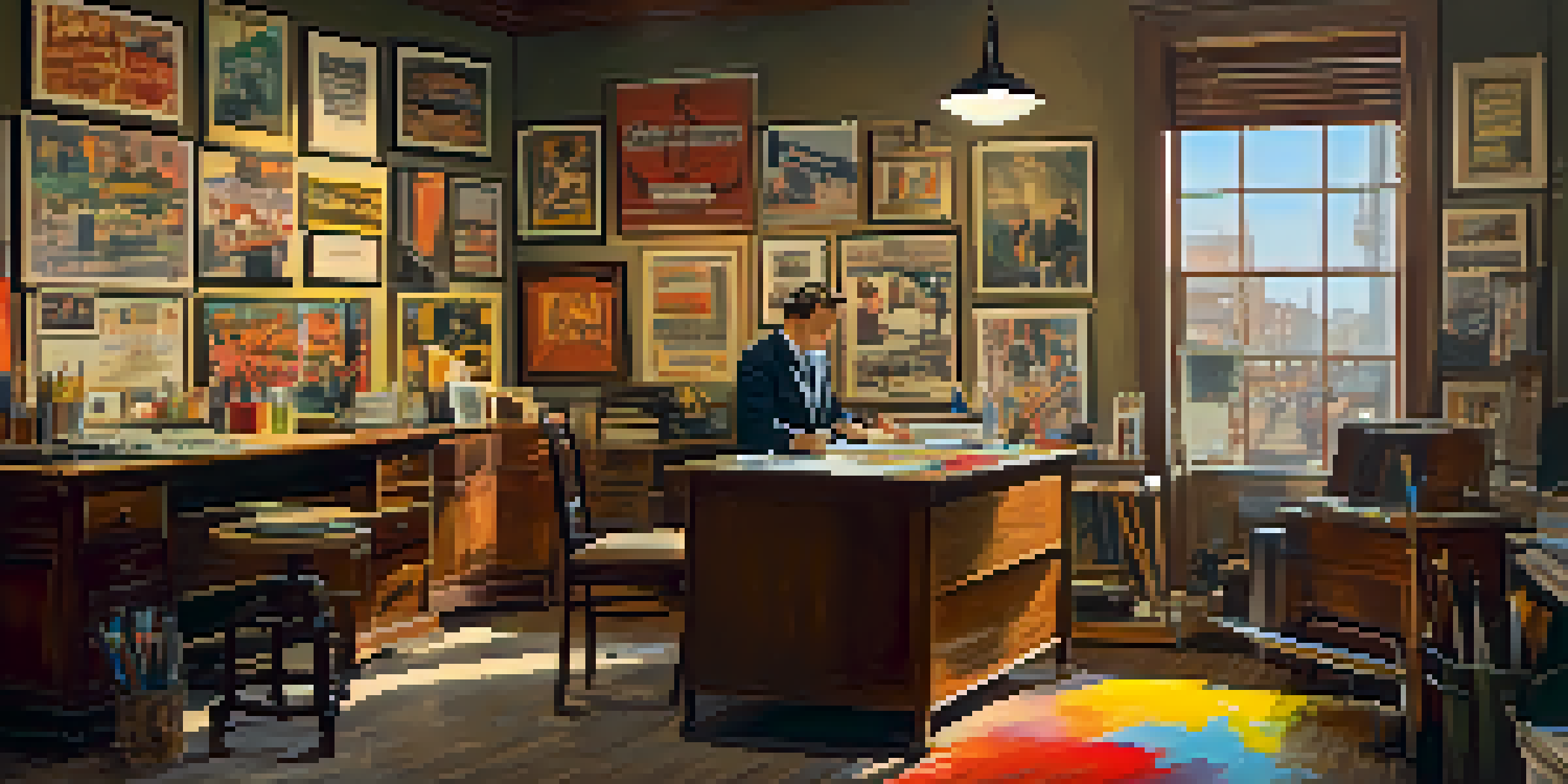 A vintage advertising agency office with an artist sketching surrounded by colorful art supplies and posters, illuminated by warm lighting.