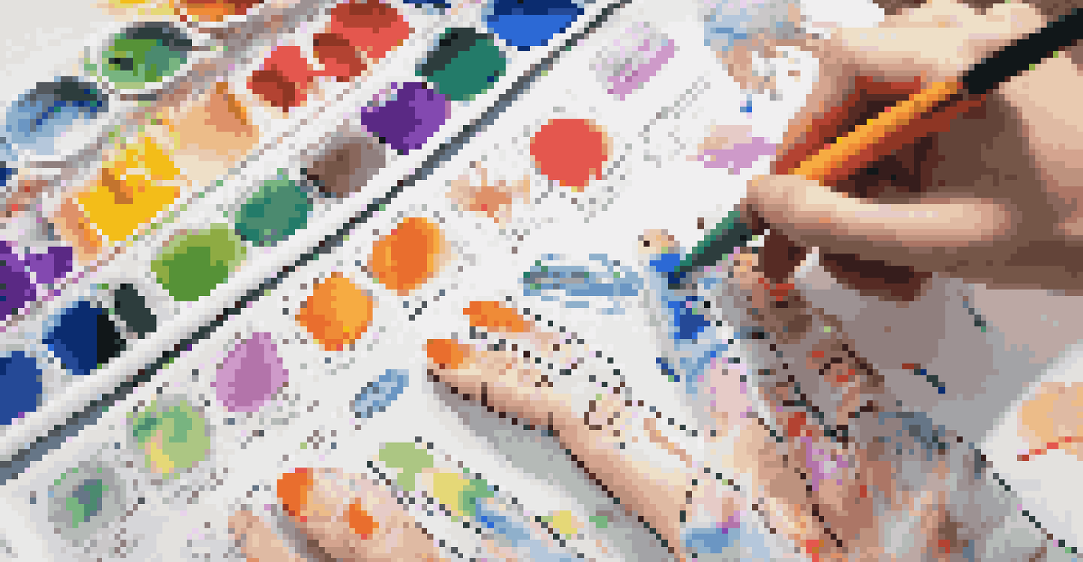 A close-up of a student's hands working on a colorful infographic, surrounded by art supplies, demonstrating the use of visual arts in education.